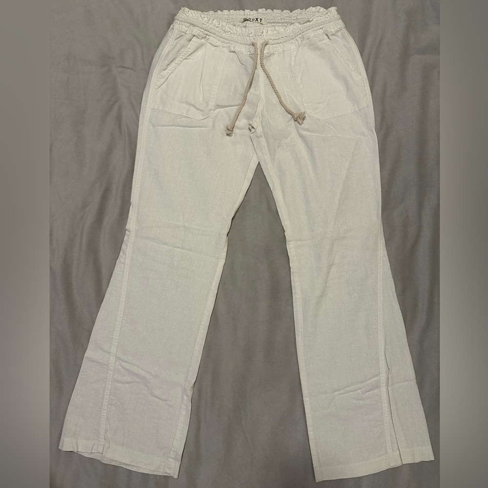 ROXY Oceanside Flared Pants – Stone Beige Linen Blend Boho Beach Lounge Pants - Picture 3 of 5